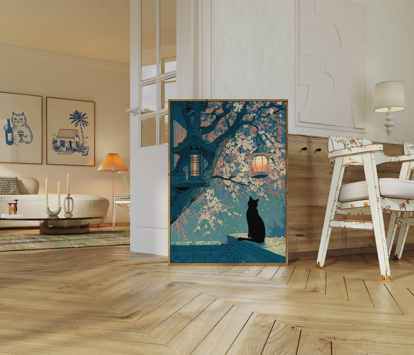 Cat Under Blooming Tree Poster