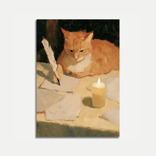 Orange Cat Writing by Candlelight Affisch