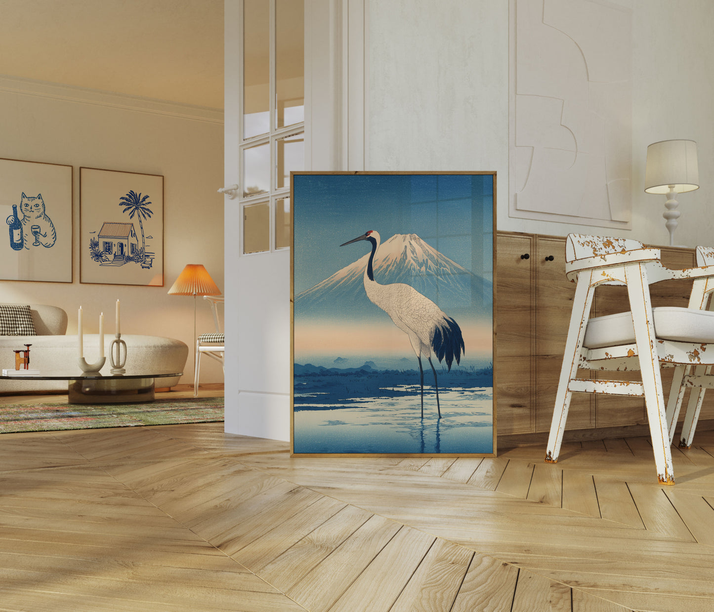 Crane by Mount Fuji Poster