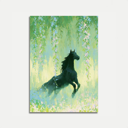 Black Horse in Wisteria Garden Poster