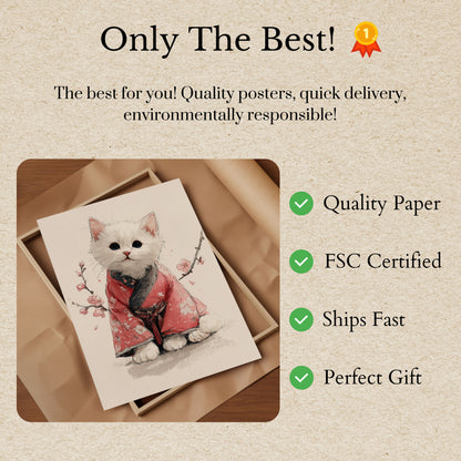 Weißer Kater im roten Kimono Poster