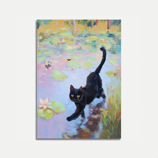 Schwarze Katze am Seerosenteich Poster
