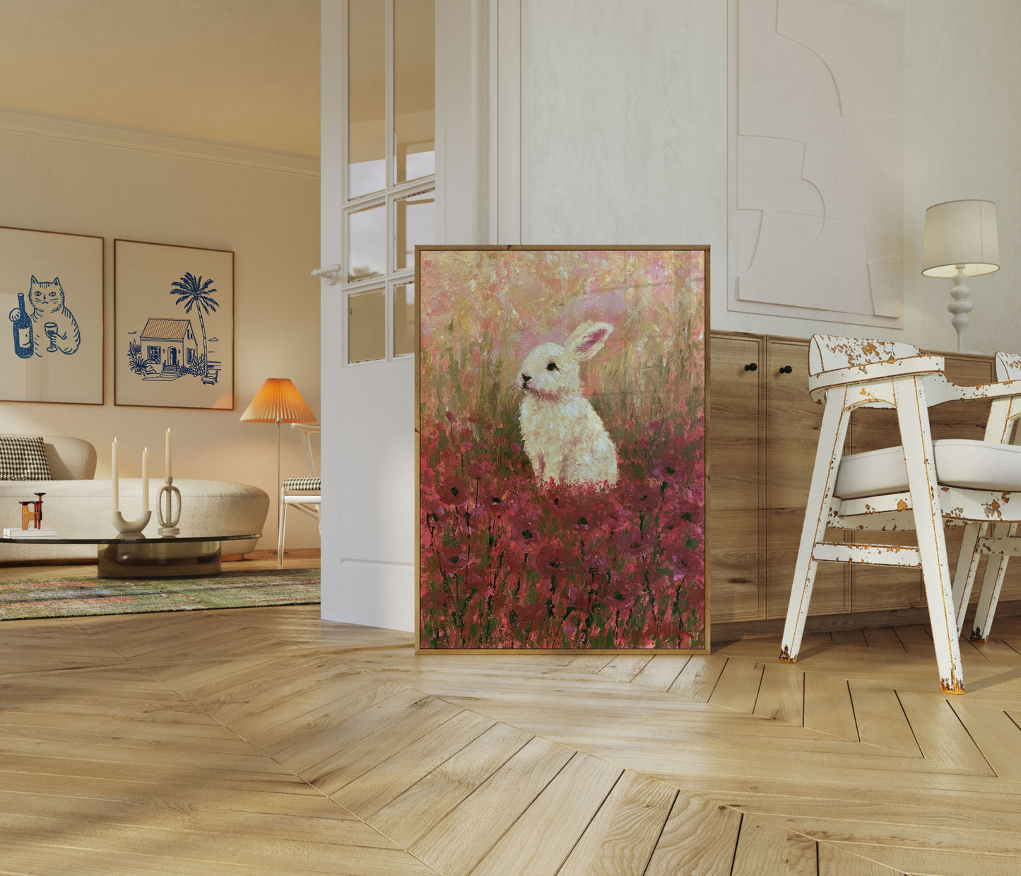 Poster : Lapin Blanc dans Champ de Fleurs Sauvages