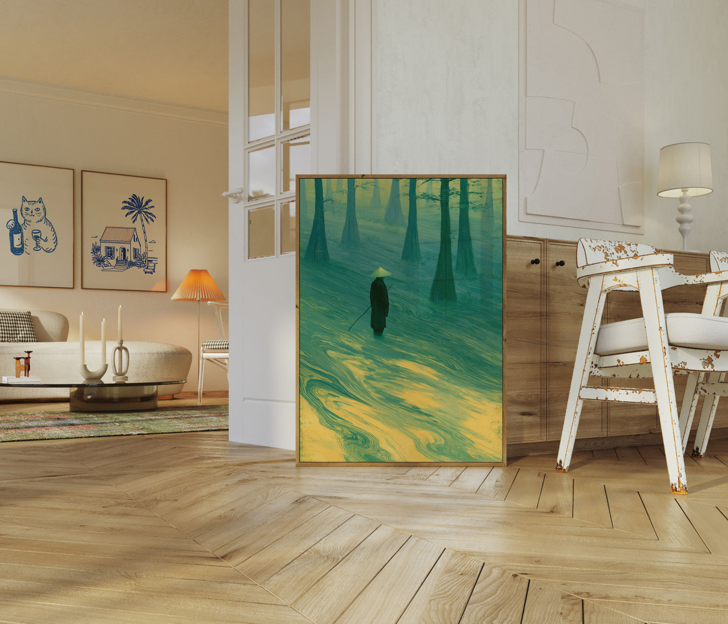 Ensom vandrer i tåkete skog-plakat