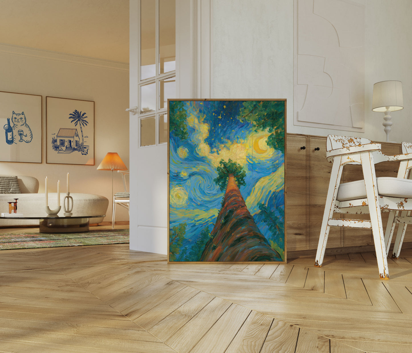 Starry Night Tree Reaching Sky Poster