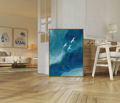 Seabirds Over Ocean Waves Poster