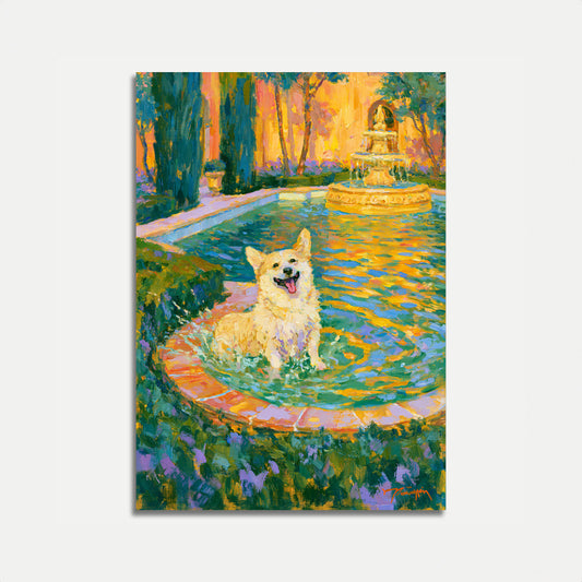 Happy Corgi in Garden Poster