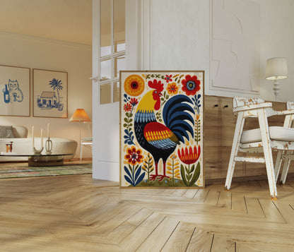 Rooster and Flowers Folk Art Poster