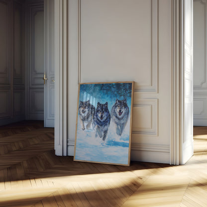Three Wolves Running in Snow Poster