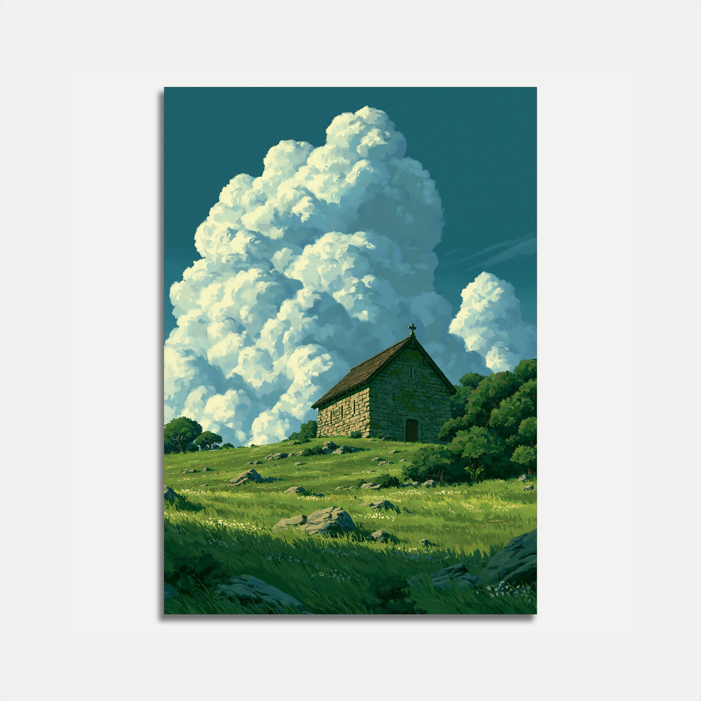 Stone Church on Hillside Poster