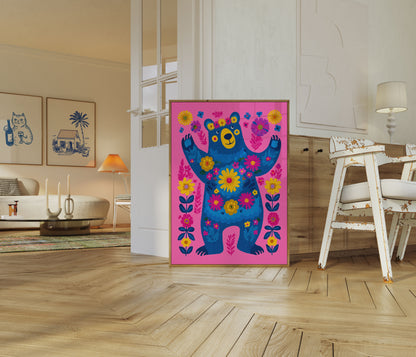 Cheerful Bear With Flowers Poster