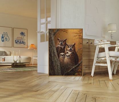 Affiche Famille de Hiboux en Forêt d'Automne