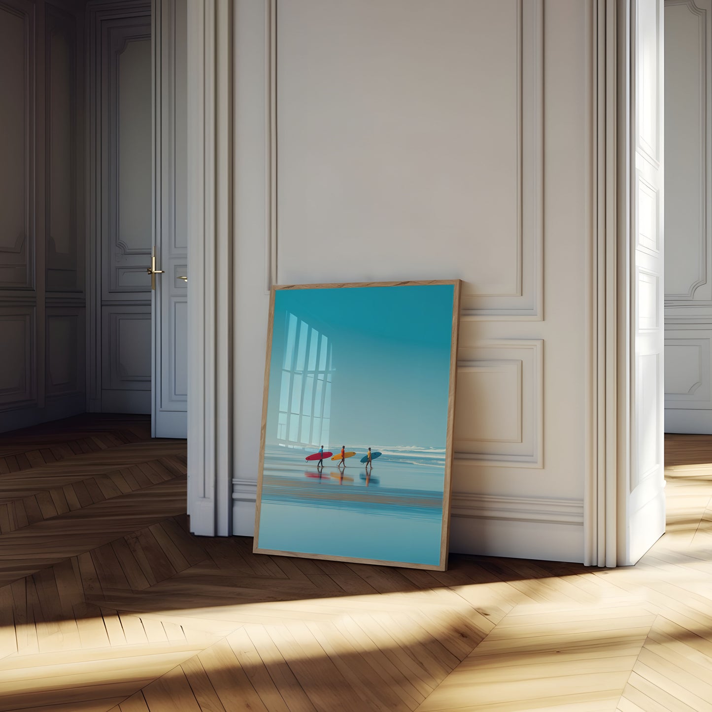 Plakat Surferów Wchodzących do Oceanu