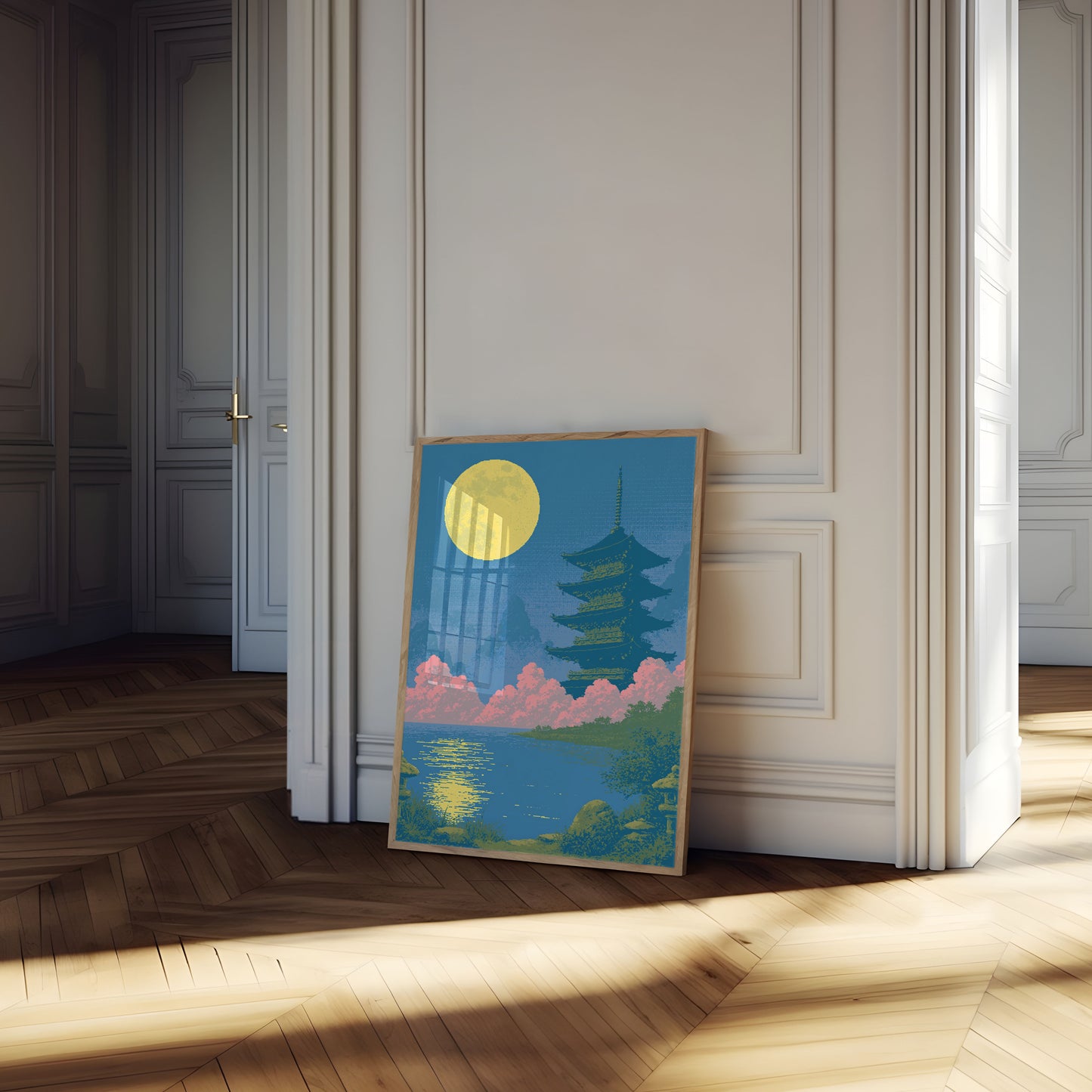 Japanese Pagoda Moonlit Night Poster