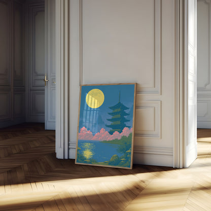 Japanese Pagoda Moonlit Night Poster