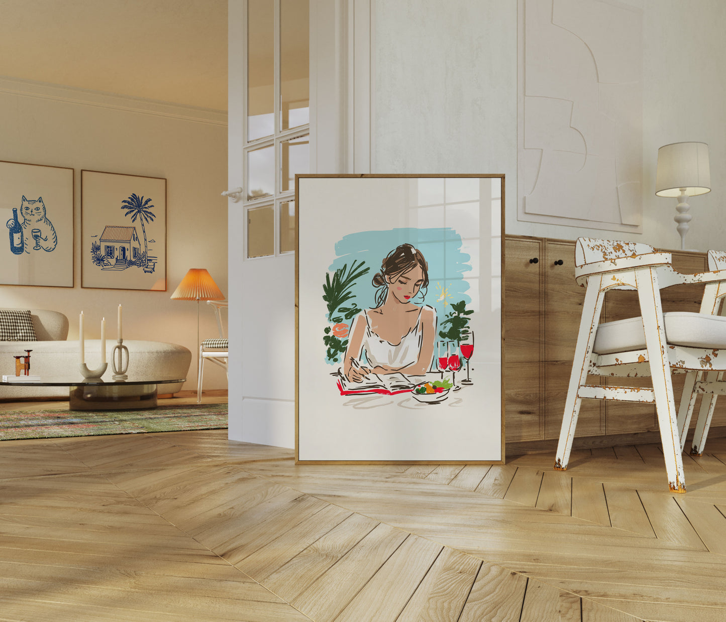Kvinde skriver med vin plakat