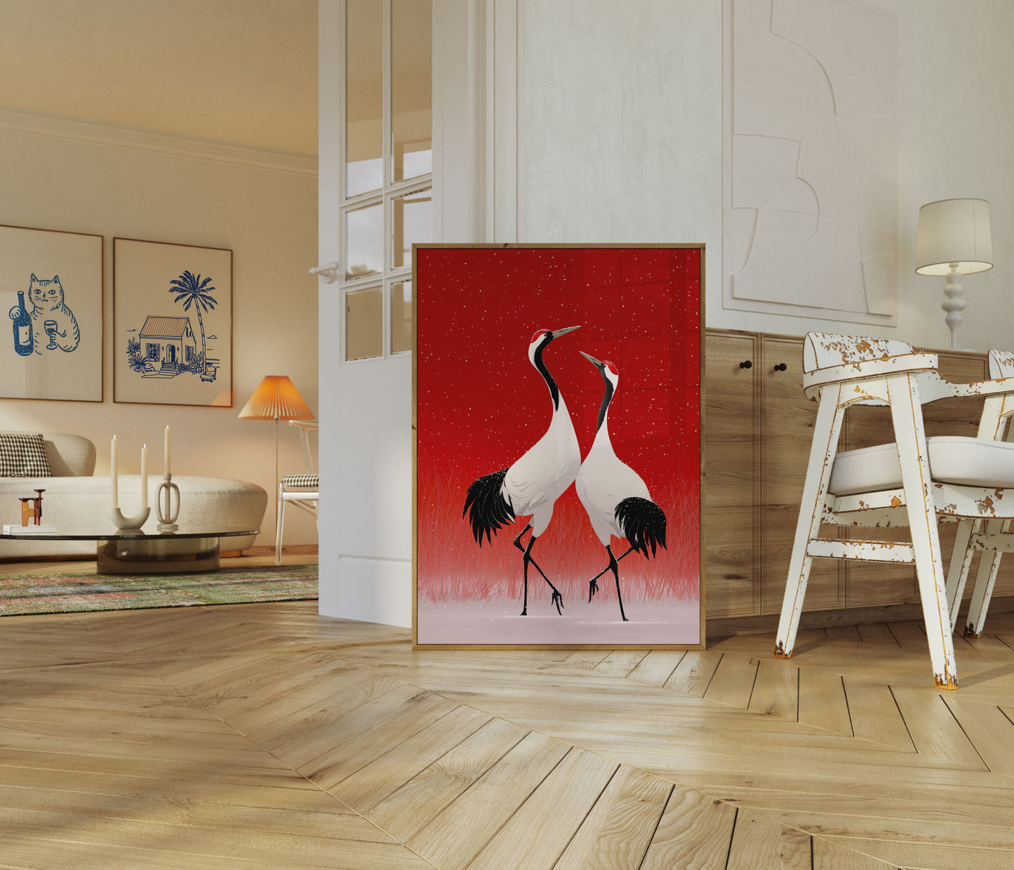 Affiche Hivernale Grues Rouges dans la Neige