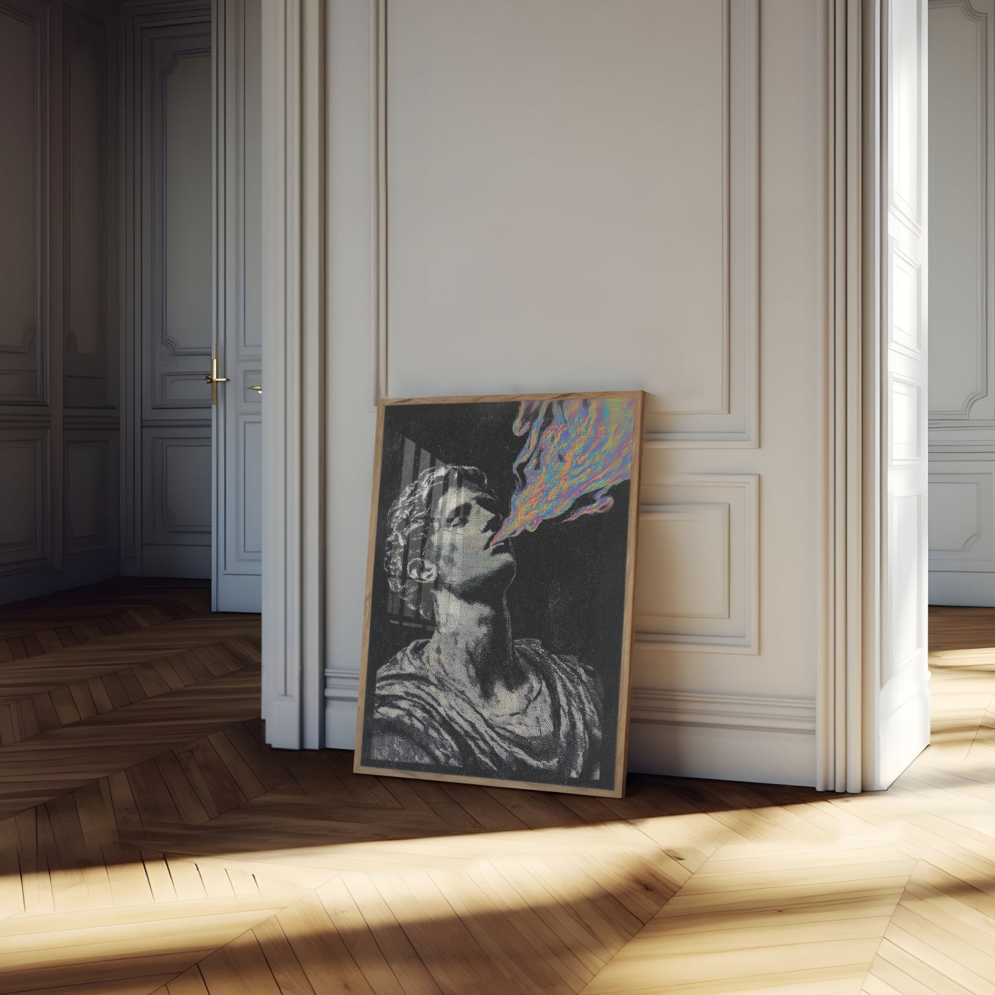 Klassische Statue mit digitaler Energie Poster