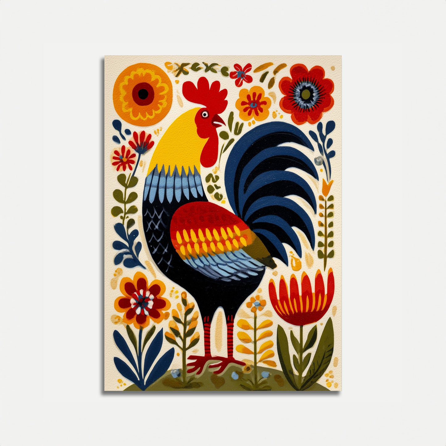 Rooster and Flowers Folk Art Poster