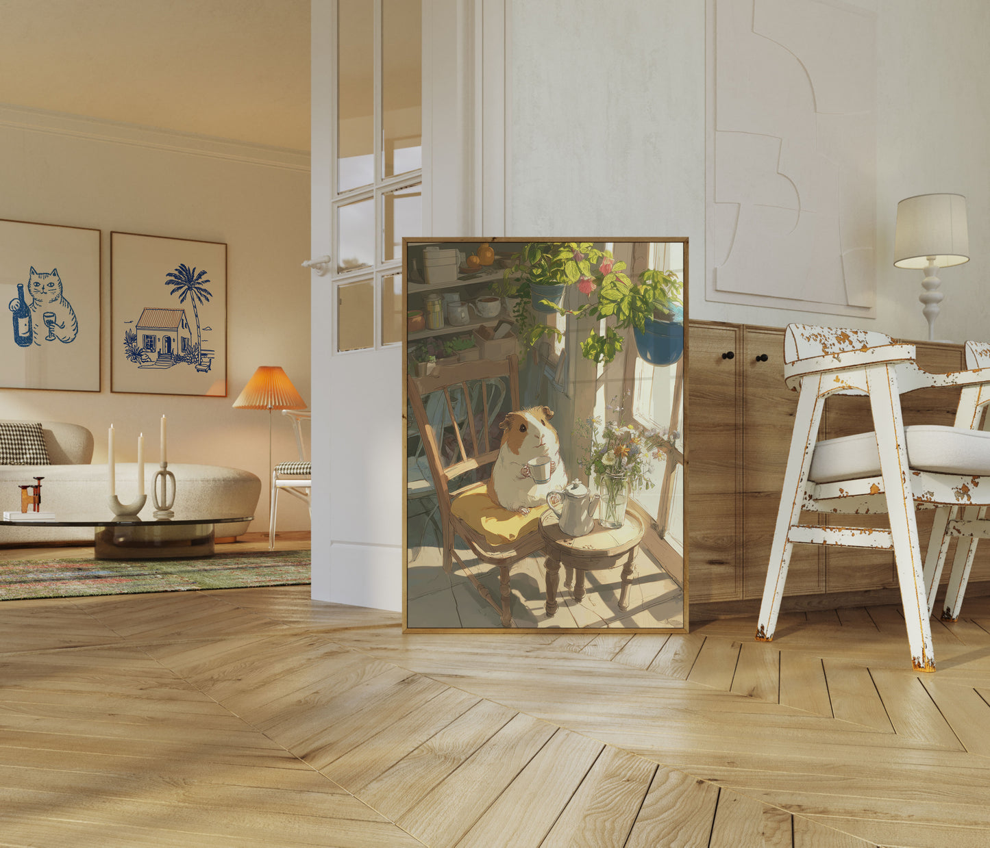 Póster acogedor de la hora del té con conejillos de indias