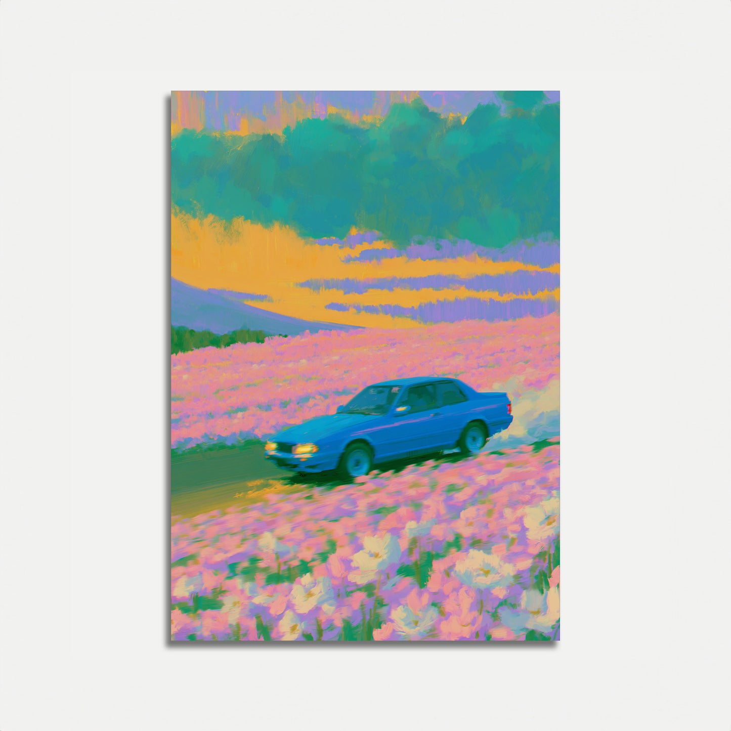Blue Car Wildflower Field Poster