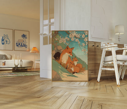 Fox Family Under Blossoms Poster