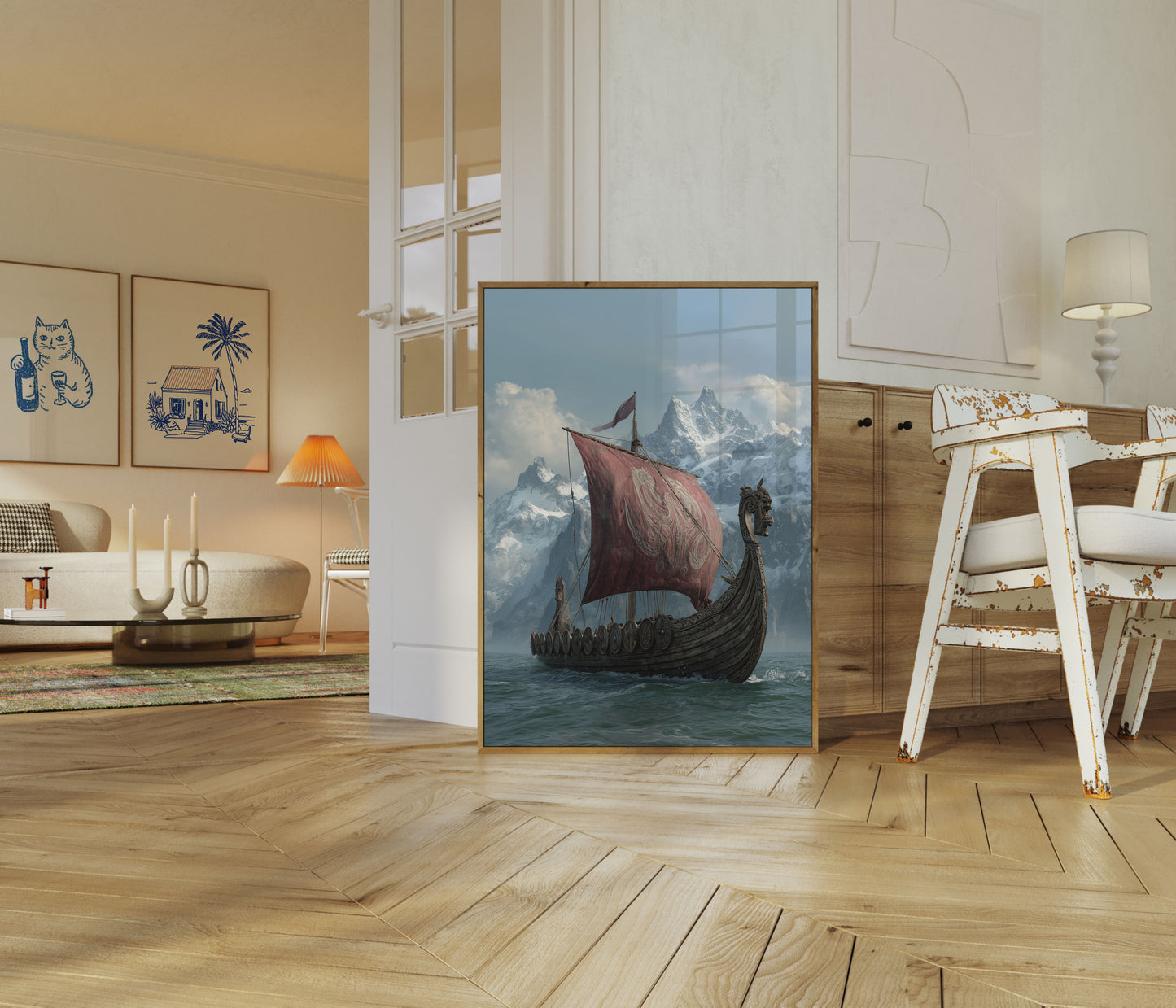 Póster del viaje de montaña en un barco vikingo