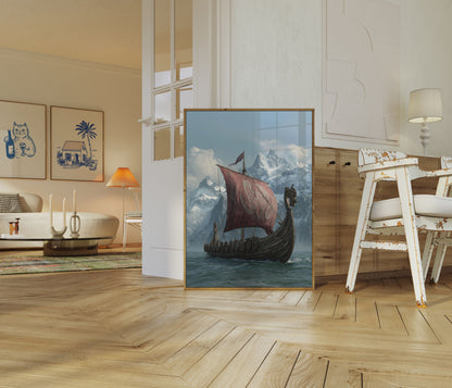 Póster del viaje de montaña en un barco vikingo