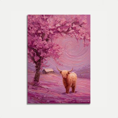 Highland Cattle in Pink Landscape Poster