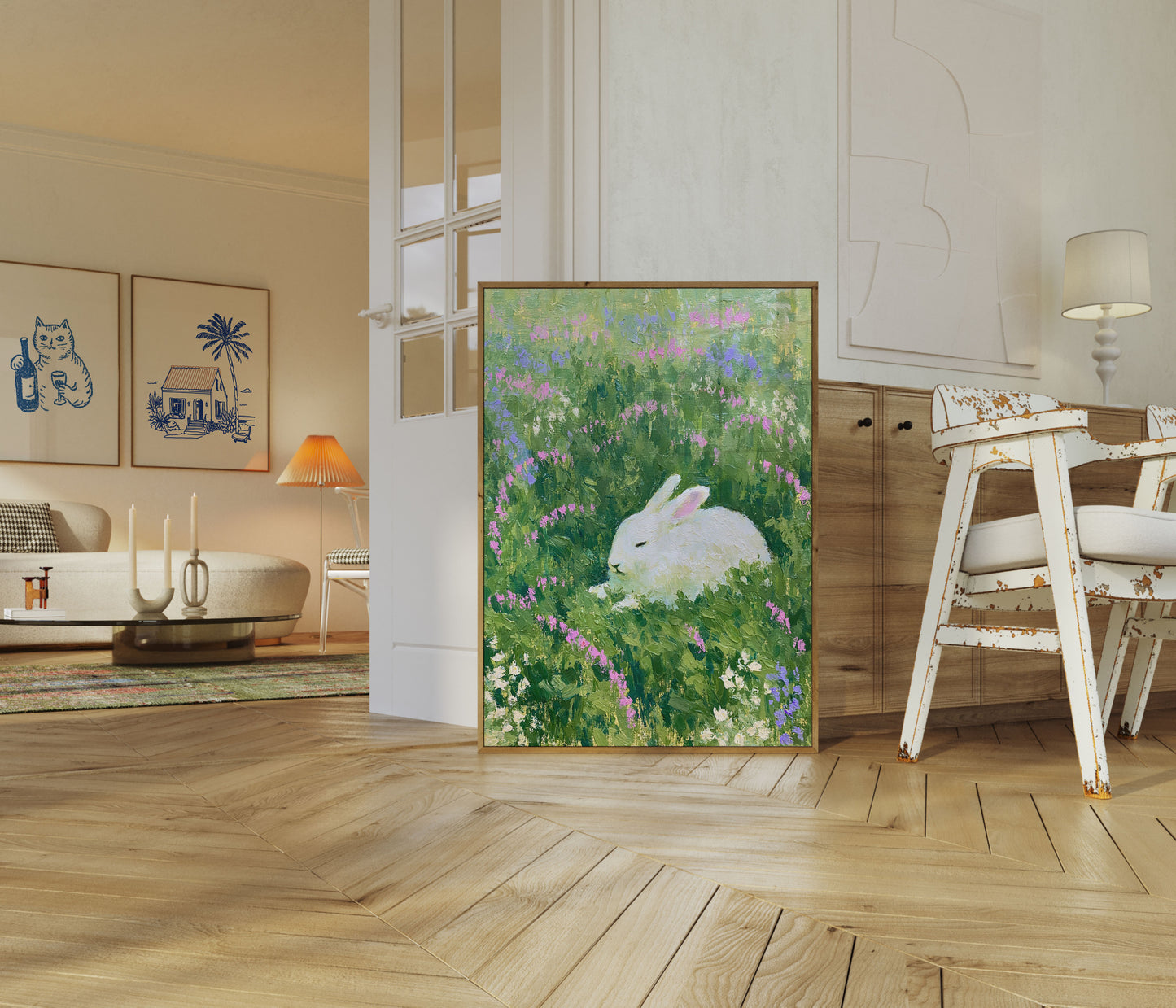 Póster "Conejo Blanco en Jardín de Flores Silvestres"