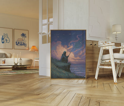 Fisherman Under Starry Skies Poster