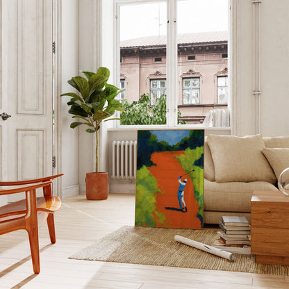 Poster con golfista che colpisce su campo vibrante