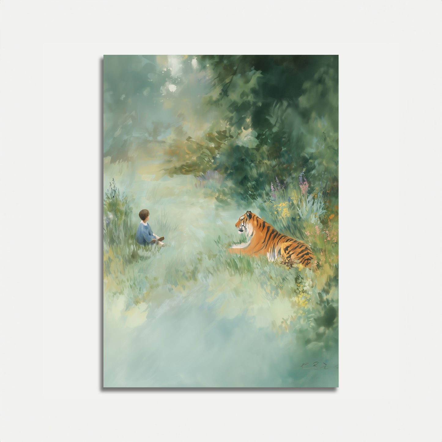 Kind trifft Tiger auf der Wiese Poster