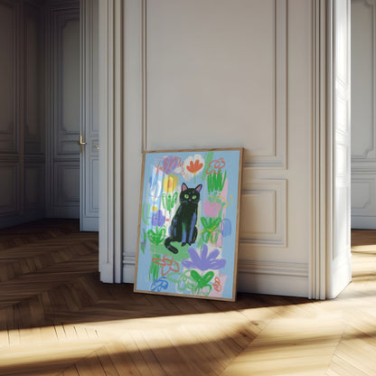Black Cat in Flower Garden Poster