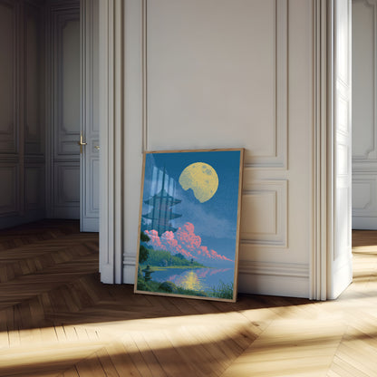 Japanese Pagoda Moonlit Night Poster