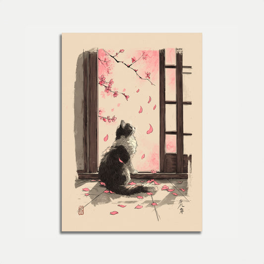 Katze beobachtet Kirschblüten Poster