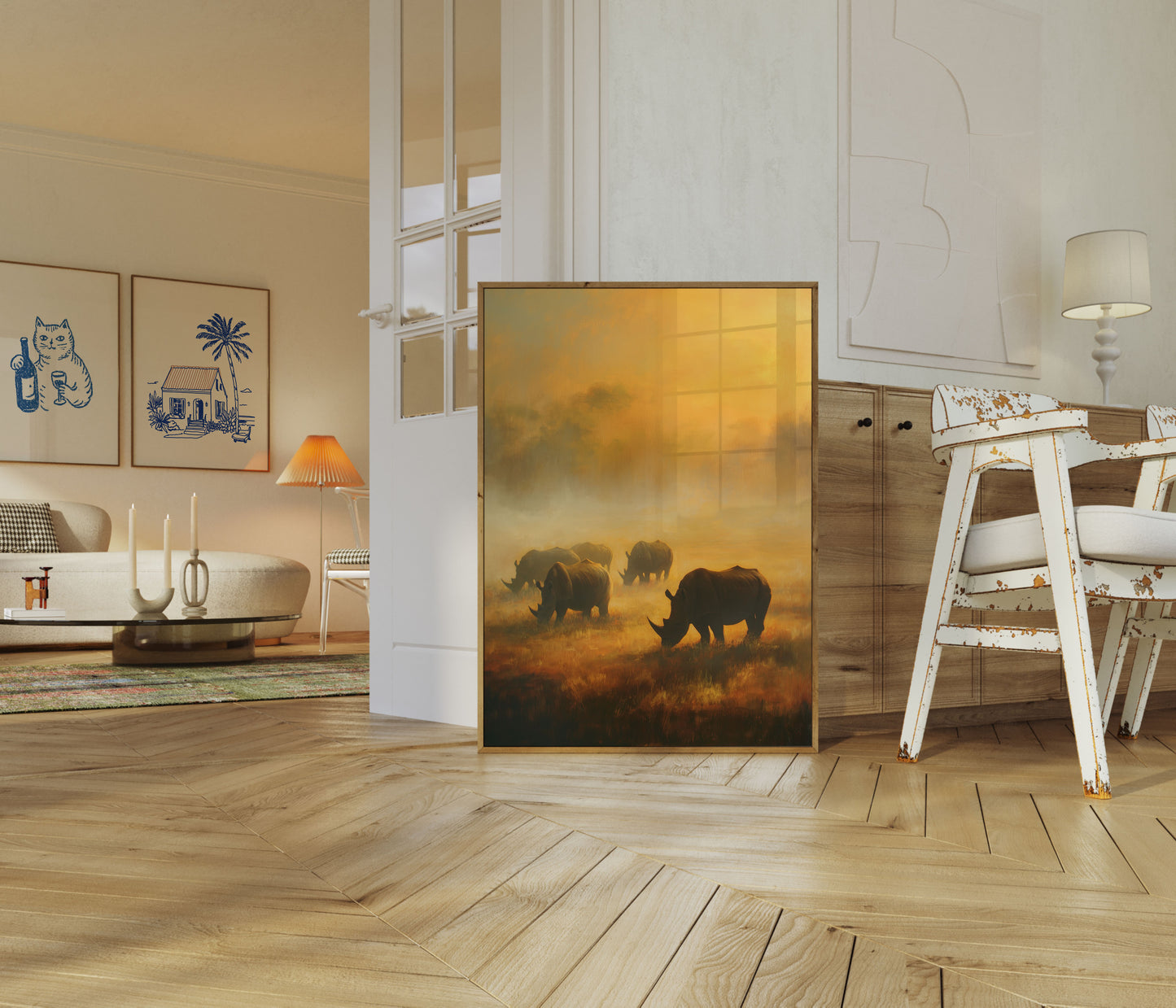 Neushoorns in Gouden Savanne Poster