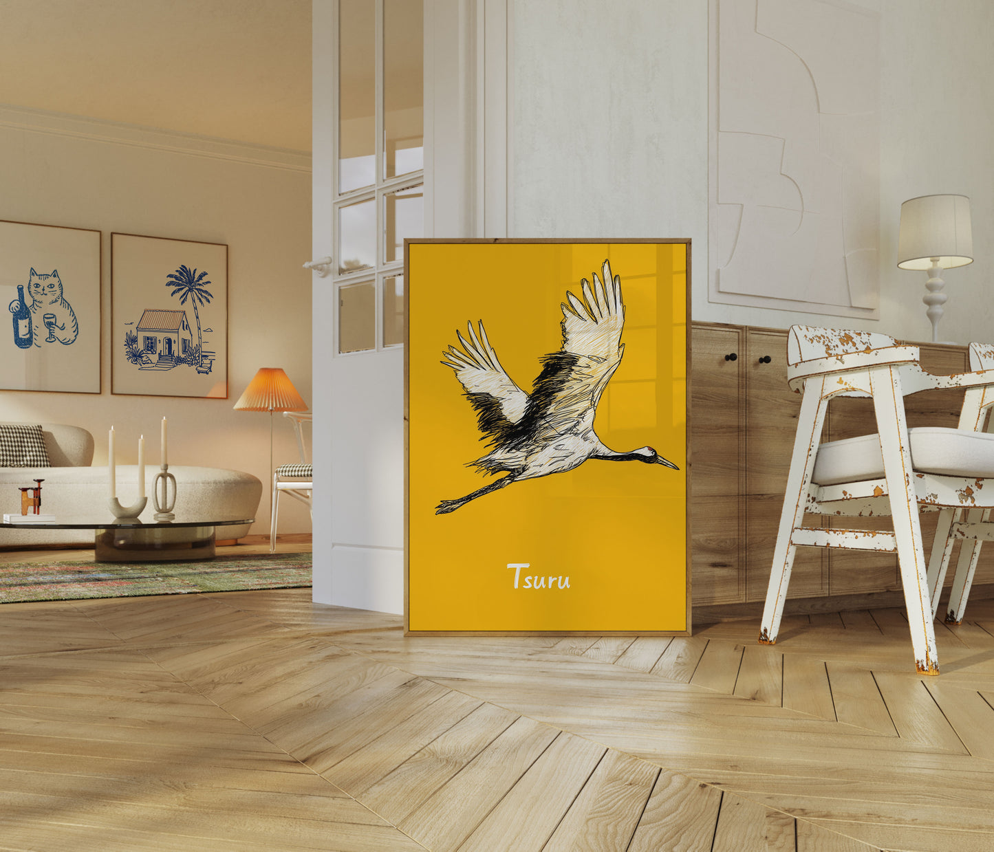 Póster de una grulla japonesa en vuelo