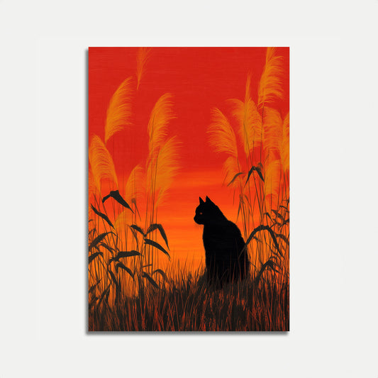 Schwarze Katze Sonnenuntergang Grasland Poster