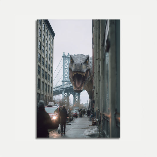 Póster del puente de Manhattan con dinosaurios urbanos