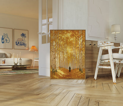 Solitary Walk Through Golden Forest Poster