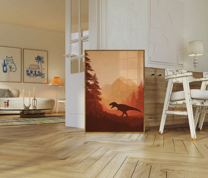 Póster de puesta de sol en la montaña prehistórica