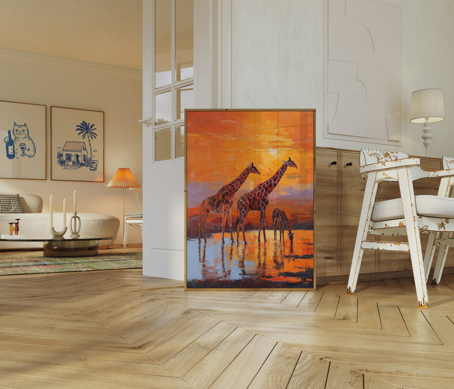 Cartaz do Girafa no Poço de Água ao Pôr do Sol