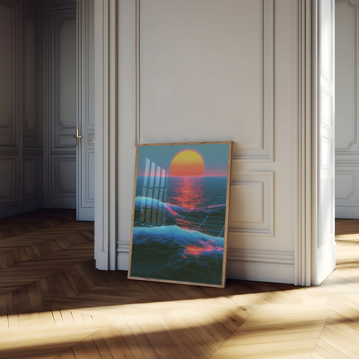 Synthwave Sonnenuntergang Ozeanwellen Poster