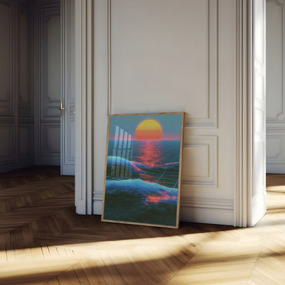 Synthwave Sonnenuntergang Ozeanwellen Poster