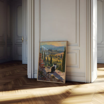 Katze in der toskanischen Landschaft Plakat