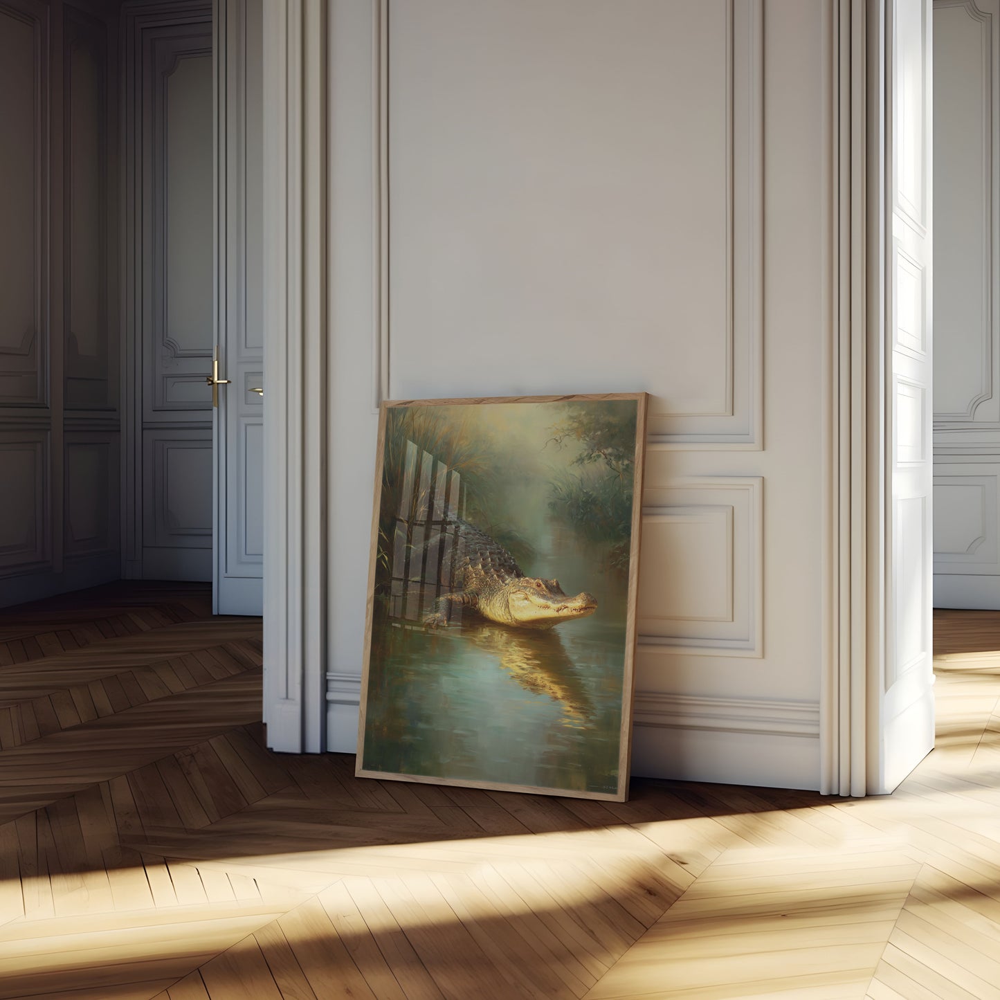 Póster de caimán con luz solar dorada