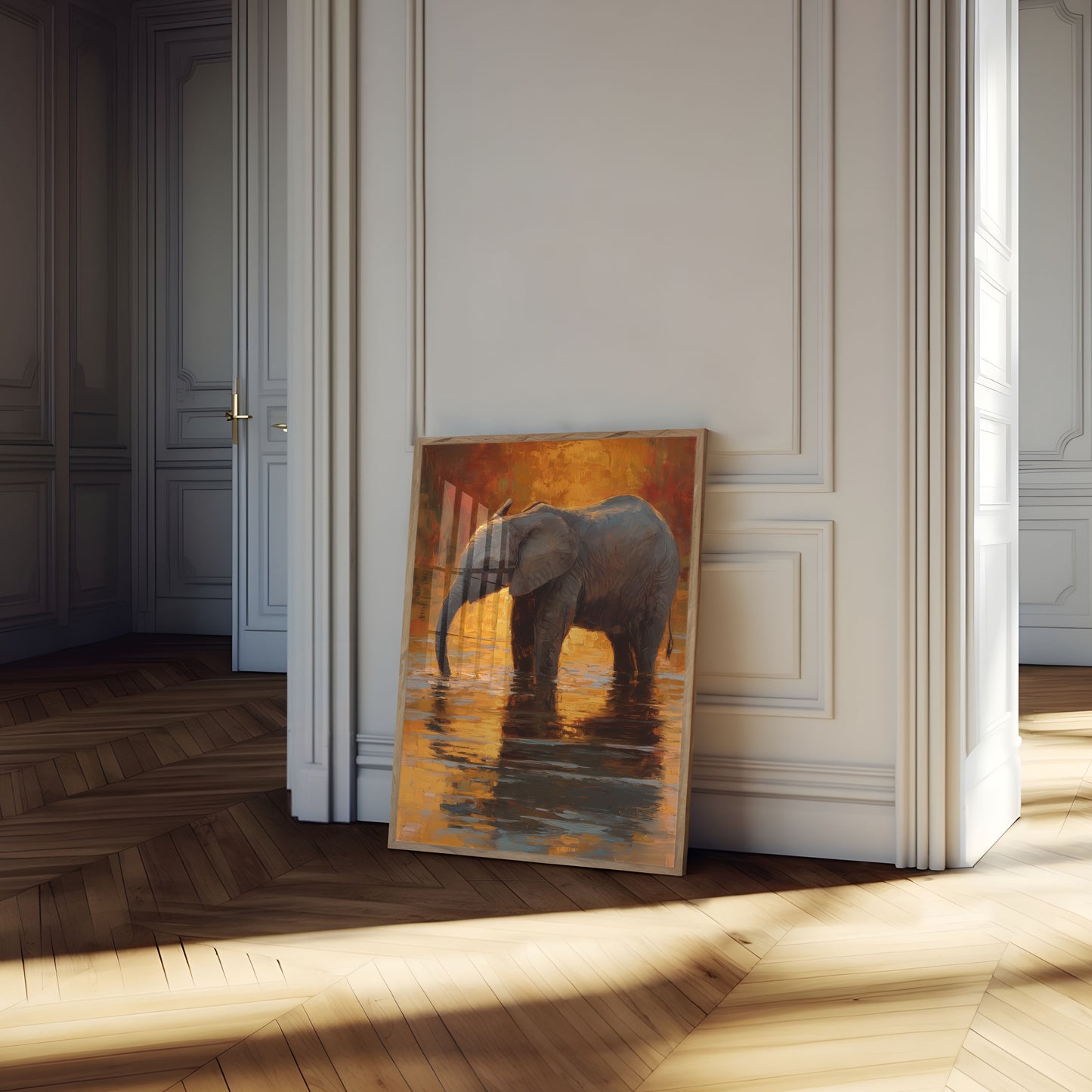 Affiche Éléphant se Baignant au Coucher du Soleil