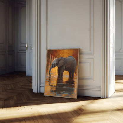 Affiche Éléphant se Baignant au Coucher du Soleil