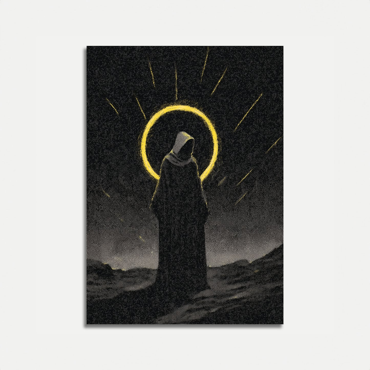 Poster met gekuifde heilige met goddelijk licht